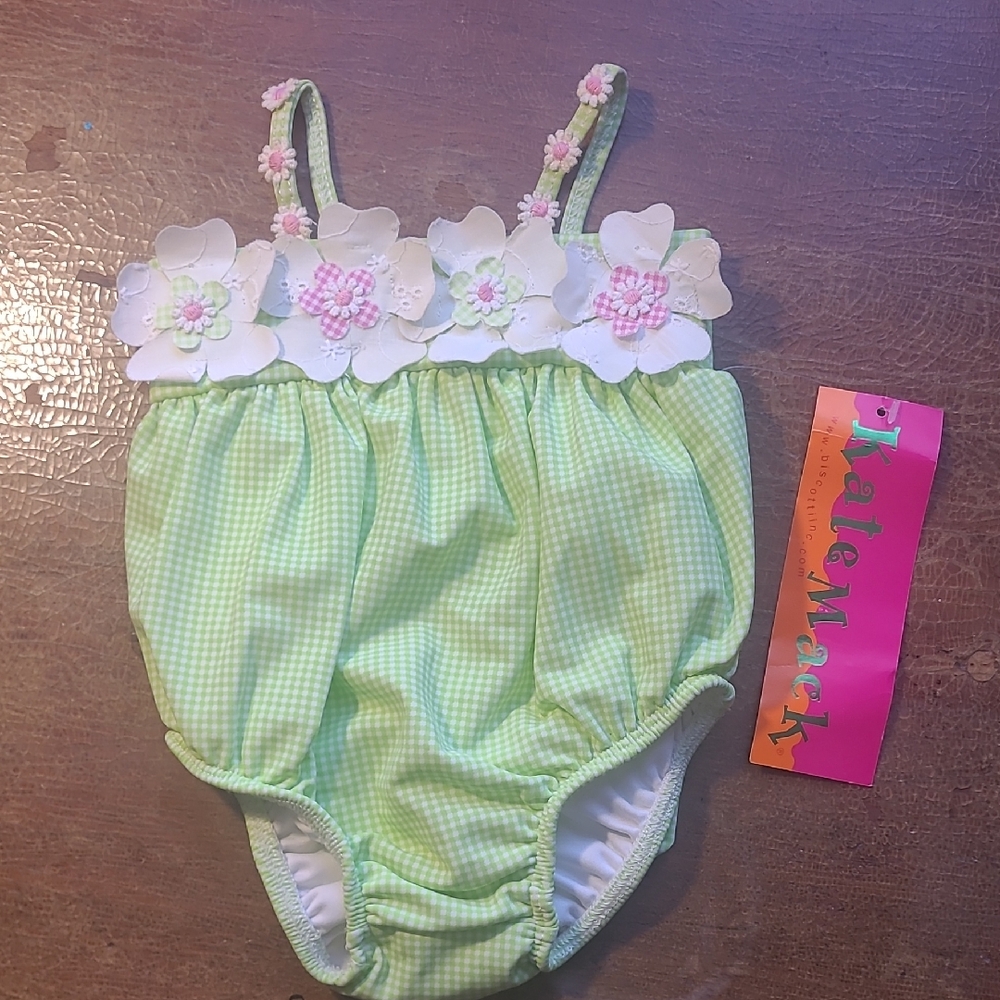 2/$5 Kate Mack Light Green Gingham Bathingsuit 3Mos